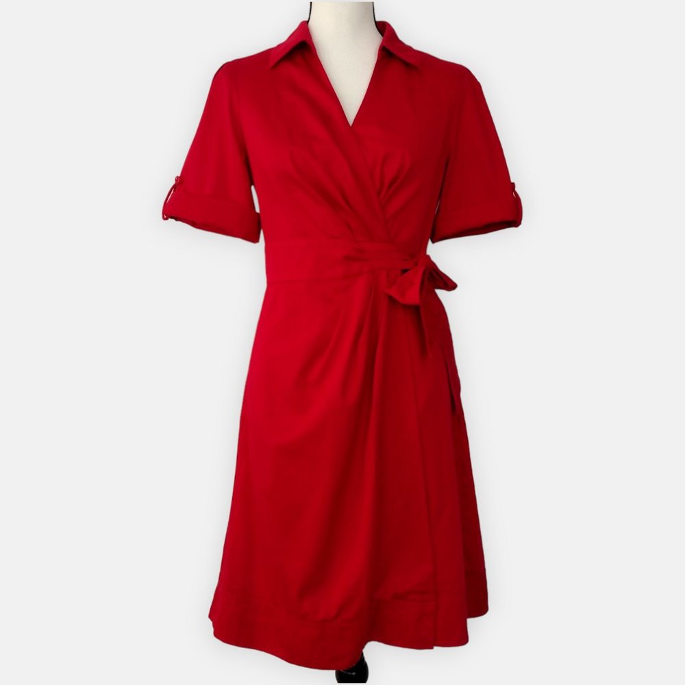 Anne Klein Red Cotton Roll Tab Sleeve Midi Wrap A Line Dress W Pockets